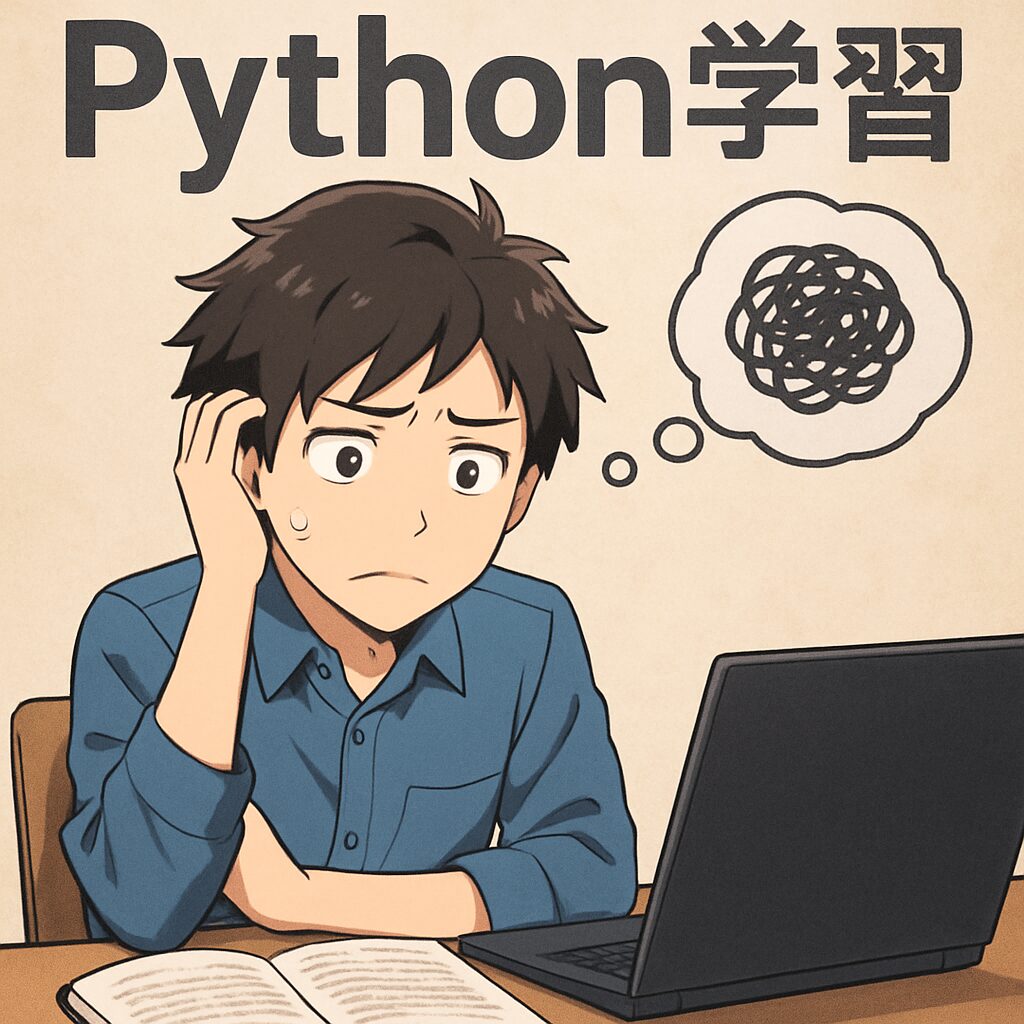 Python学習で悩む男性の姿