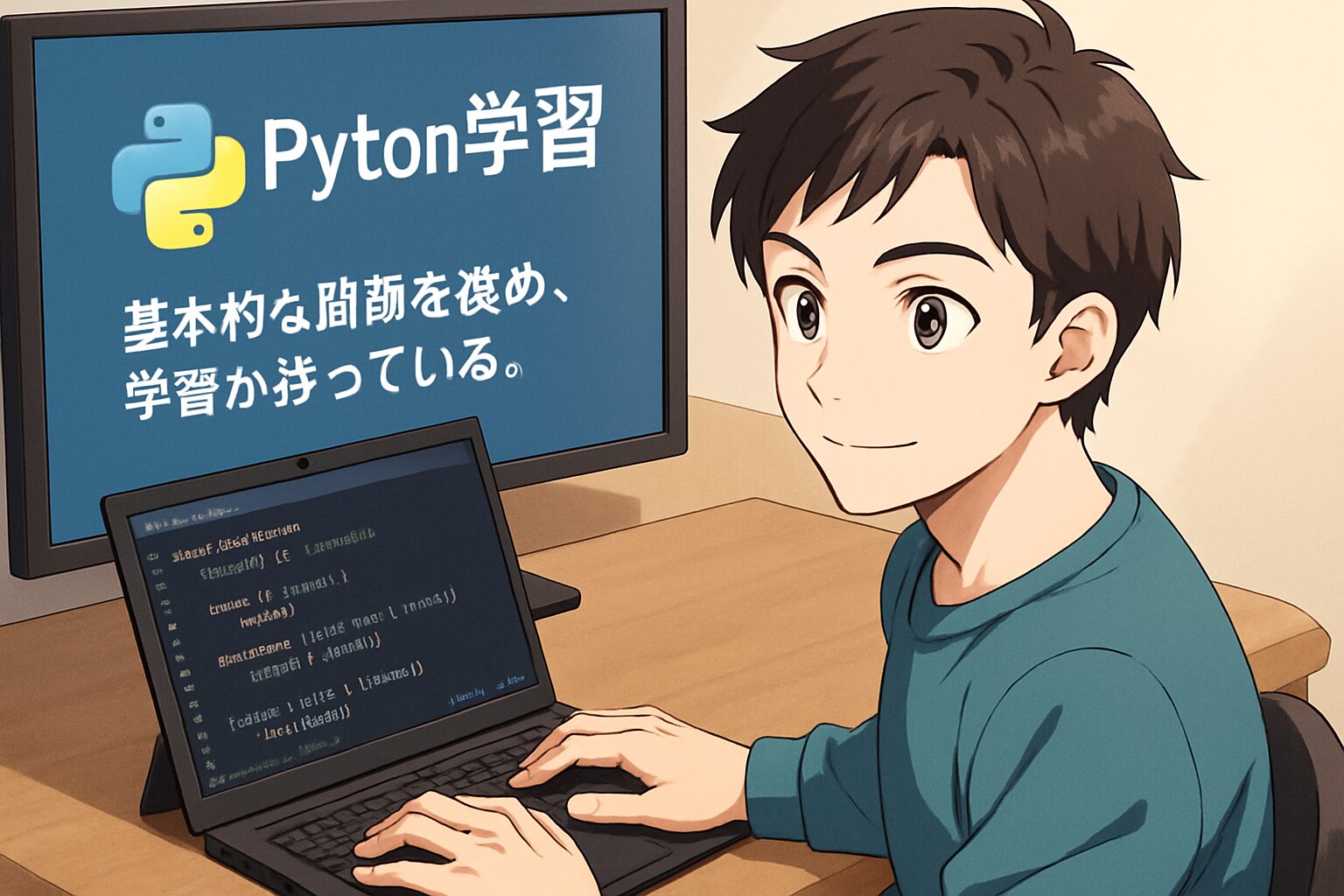 Pythonの基礎学習をしている男性の学習風景