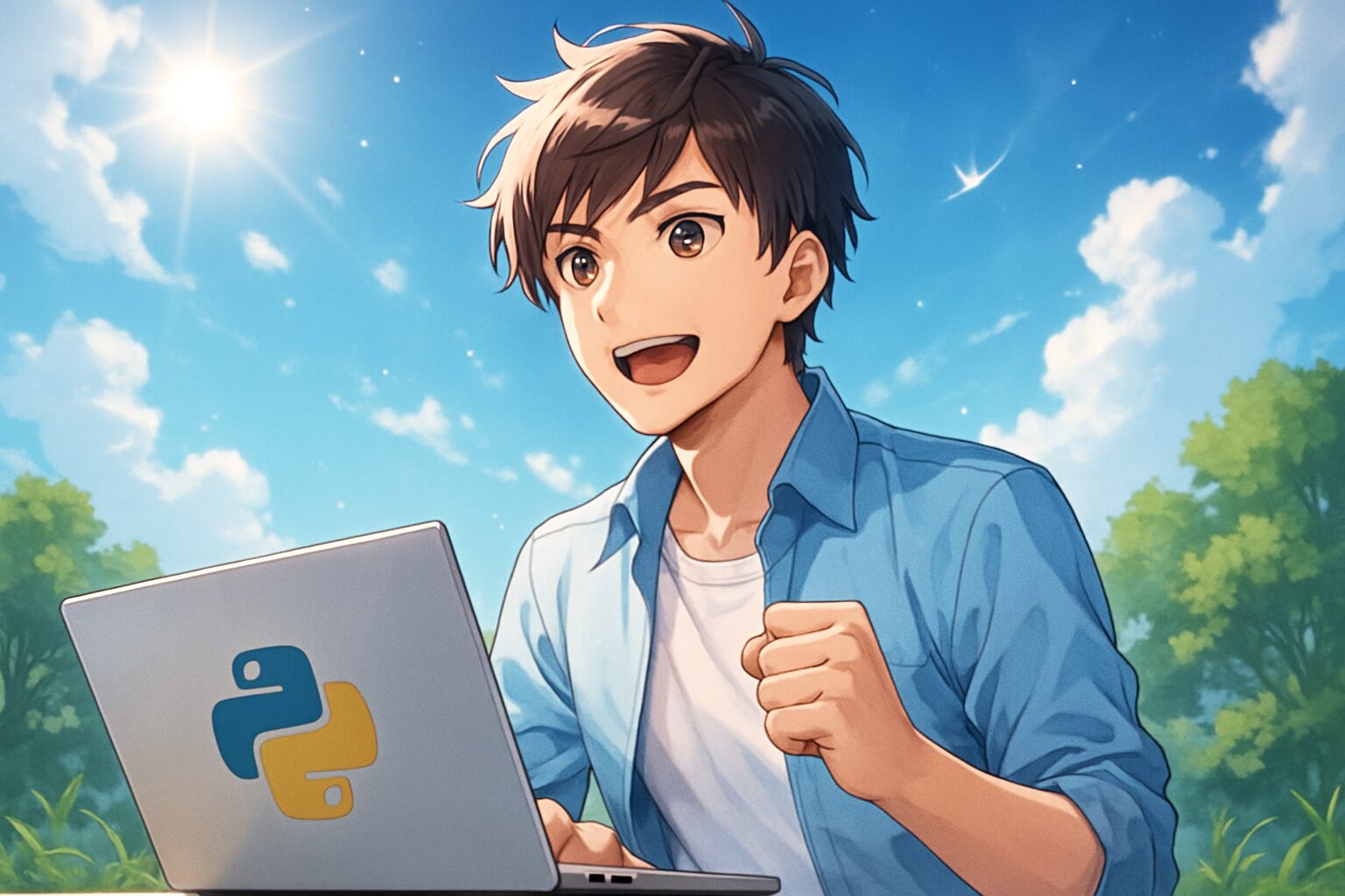 Pythonを学習する男性のイラスト