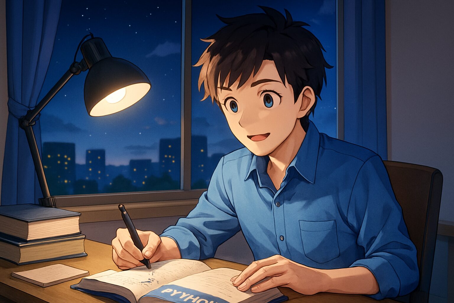 Python学習に没頭する男性、夜遅くまで勉強を続ける爽やかな