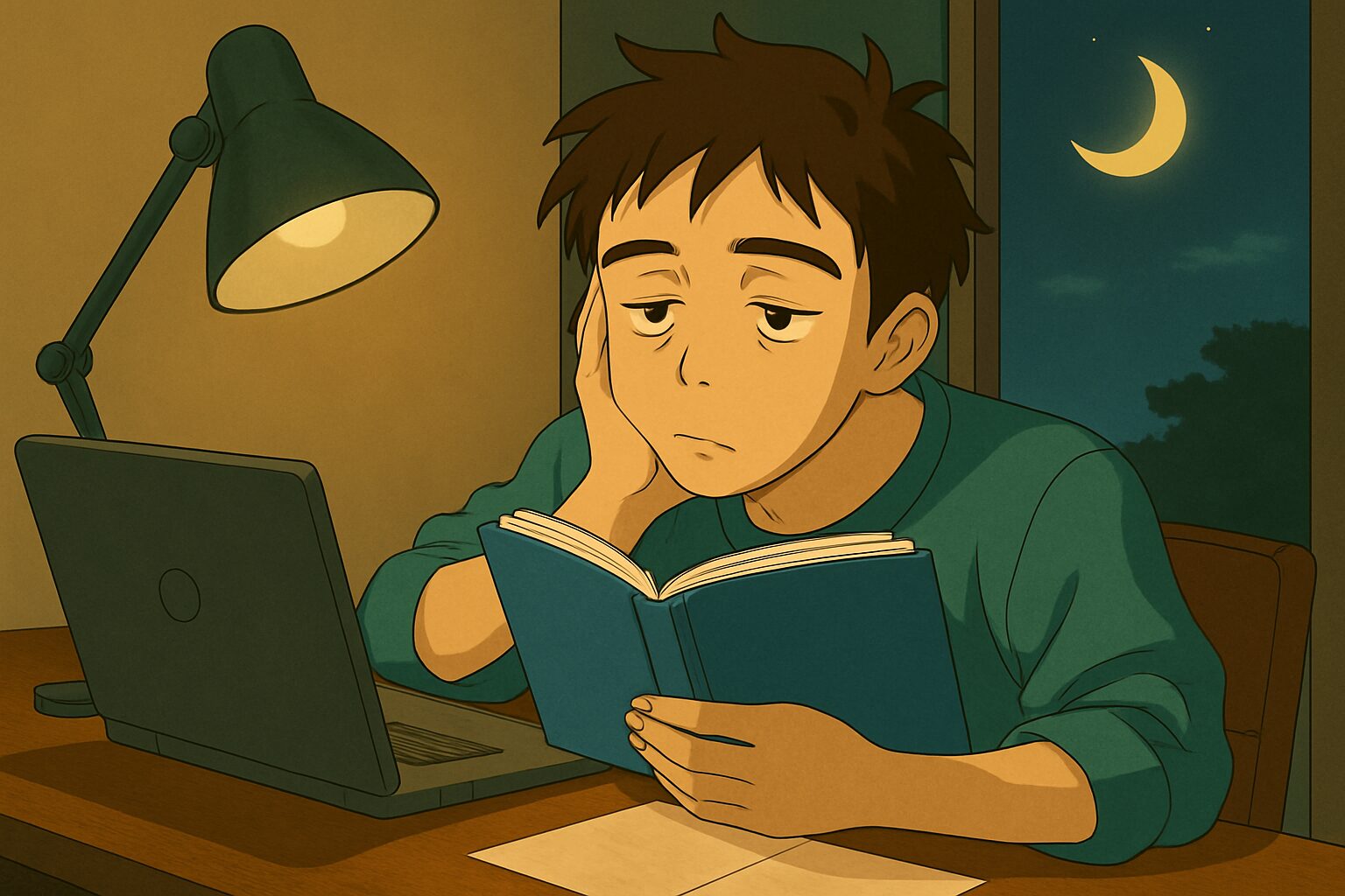 Pythonを学習する男性のイラスト。夜まで勉強を続け、眠気と戦いながら希望を抱く姿が描かれる。