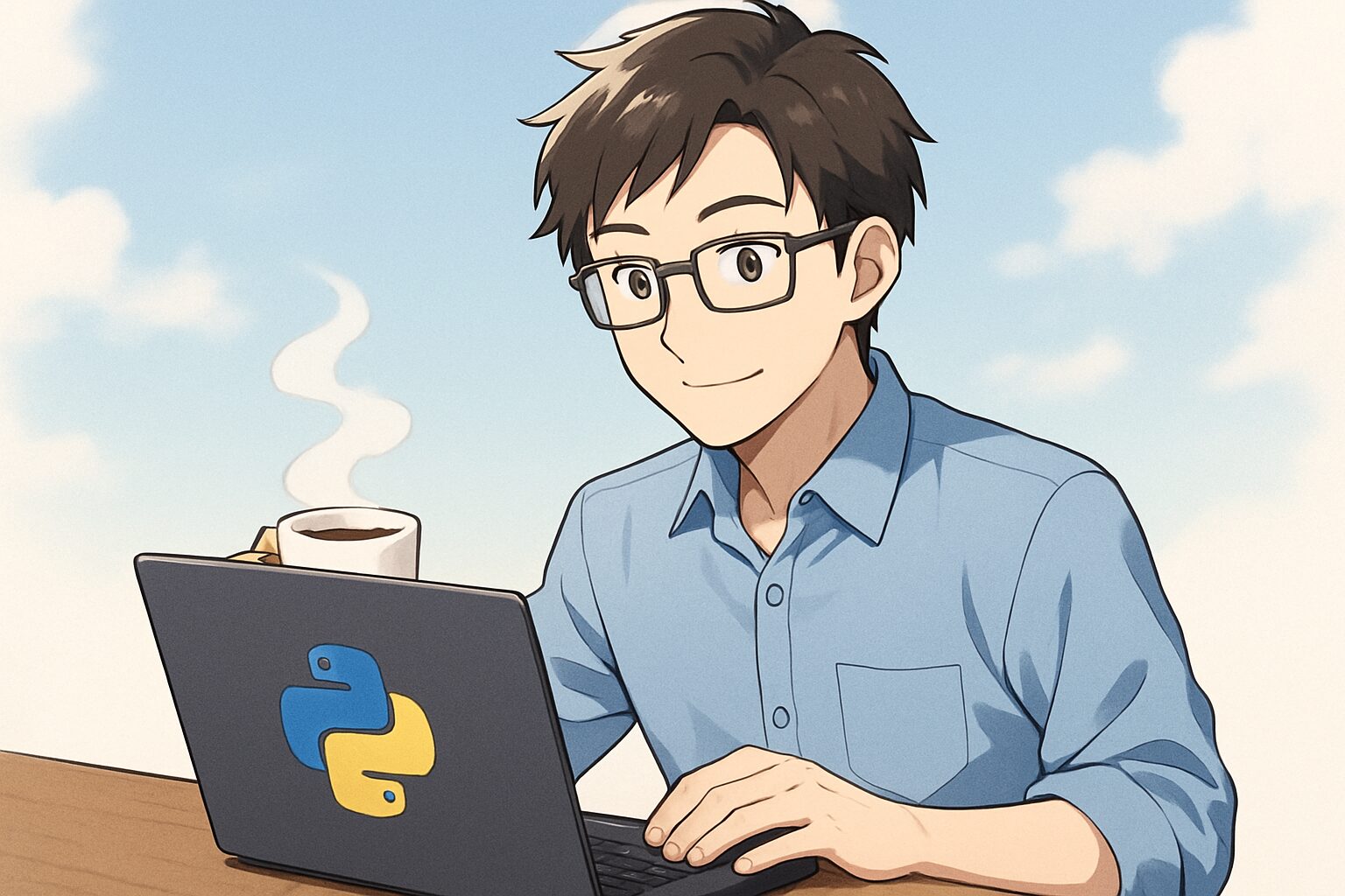 眼鏡をかけた男性がホットコーヒーを飲みながらPython学習を楽しむ様子
