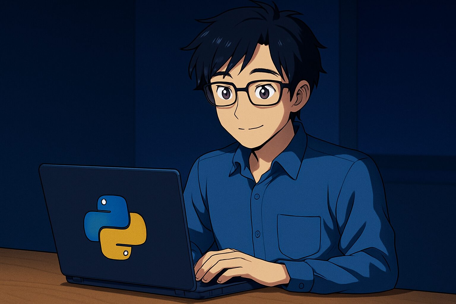 夜中にPythonを学習する爽やかな男性が、メガネをかけた優しい雰囲気で作業している。