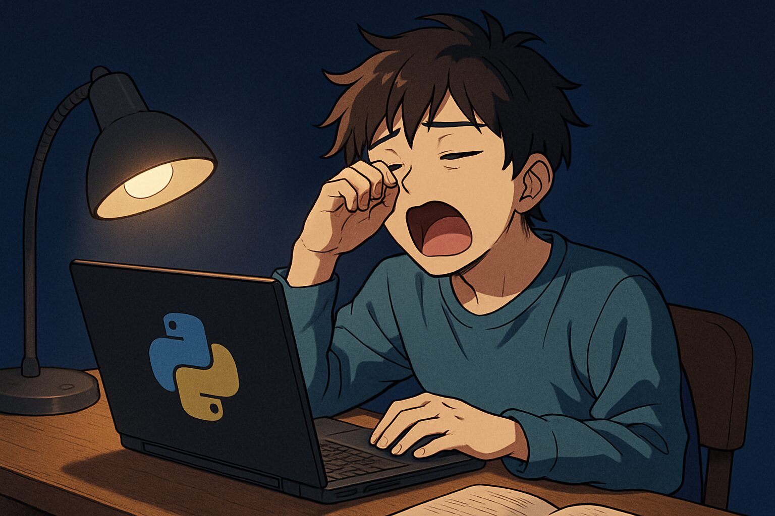 眠そうな男性が夜中までPythonを学習している様子