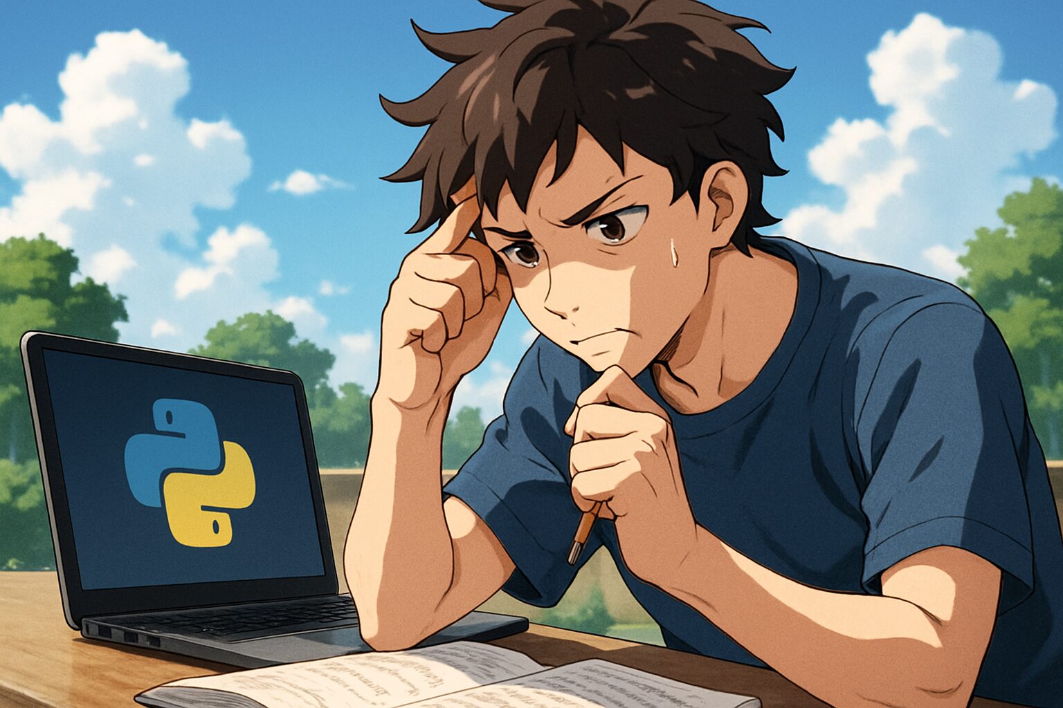 晴れた日に屋外でPythonコードを学習する男性が真剣に問題を考えている様子