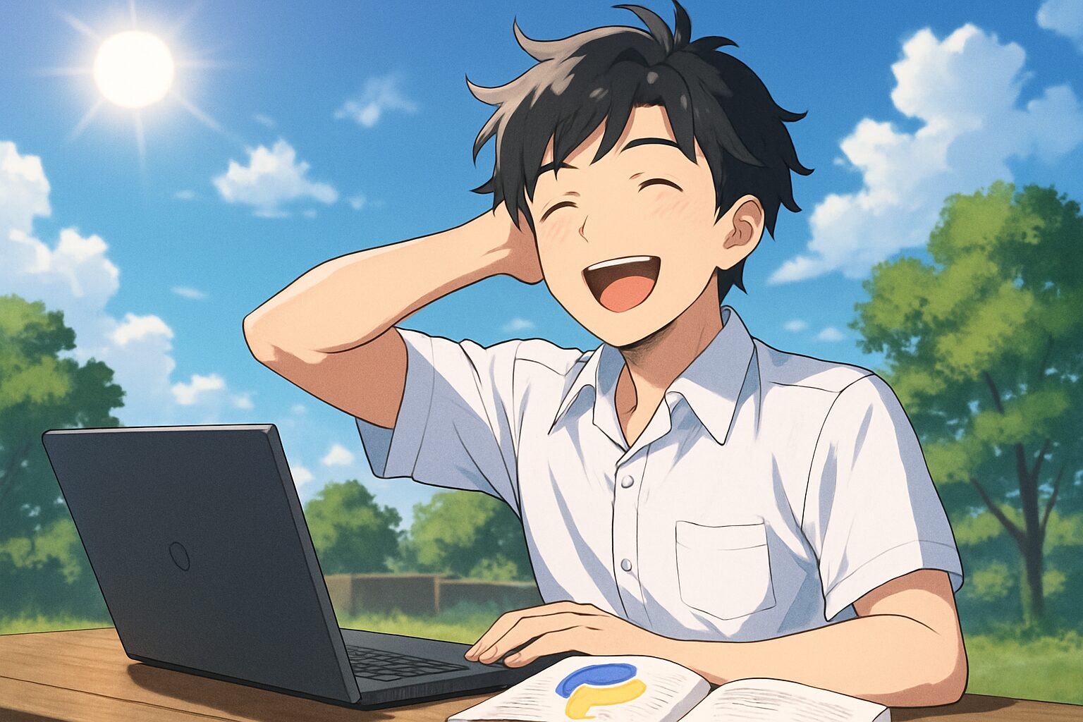 男性が日中の晴れた空の下で、半袖ワイシャツ姿で元気にPython学習をしている