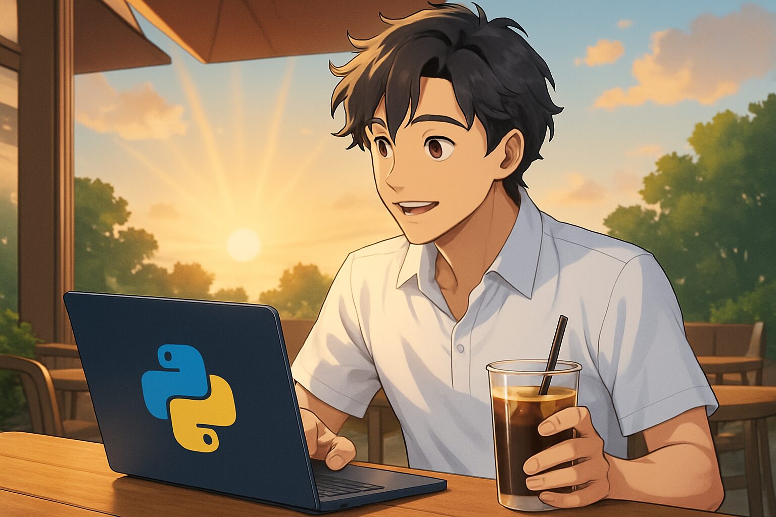 おしゃれなカフェでアイスコーヒーを飲みながらPython学習に励む爽やかな男性