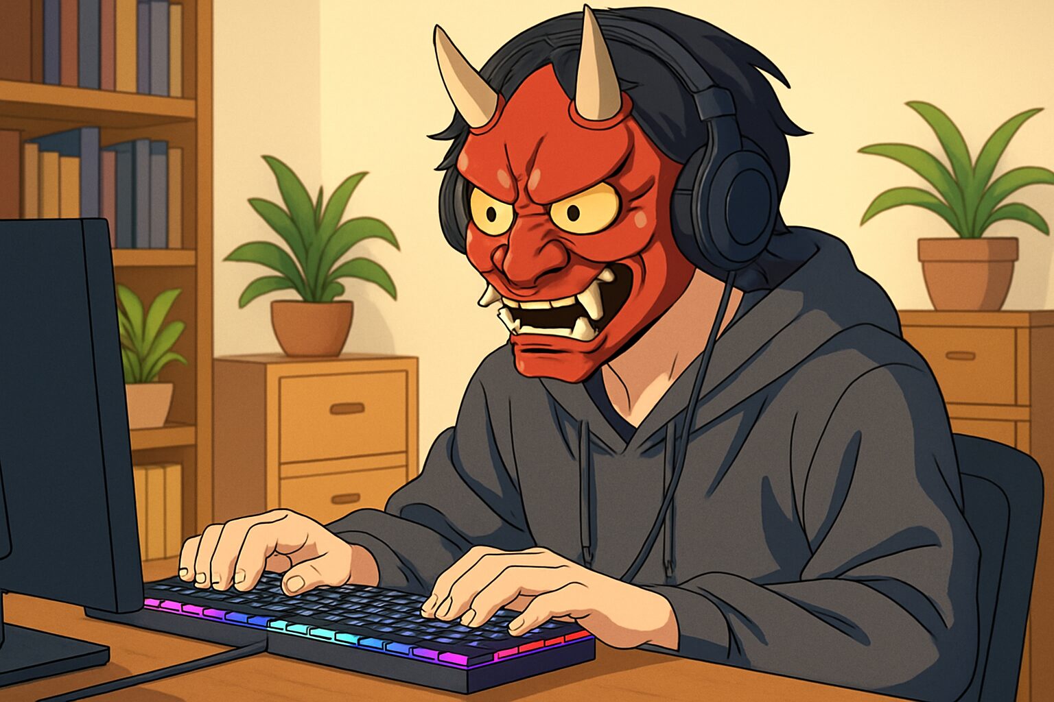 暗い部屋で鬼のお面をつけた若い人がヘッドホンを着用しながら光るRGBメカニカルキーボードを打ち込んでいる様子。コンピュータの画面は青い光を放ち、本棚や観葉植物が背景にある。