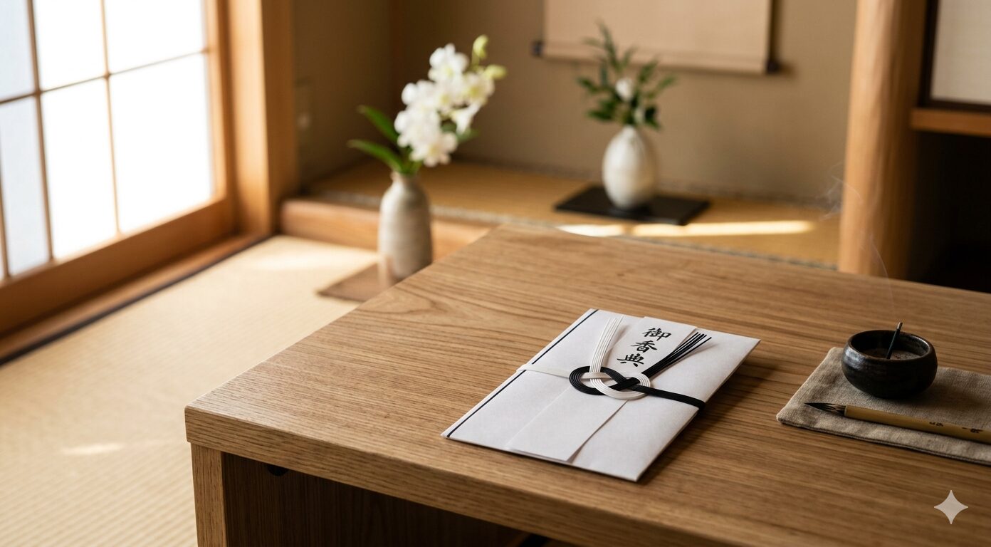 黒白水引の不祝儀袋が置かれた静かなデスク