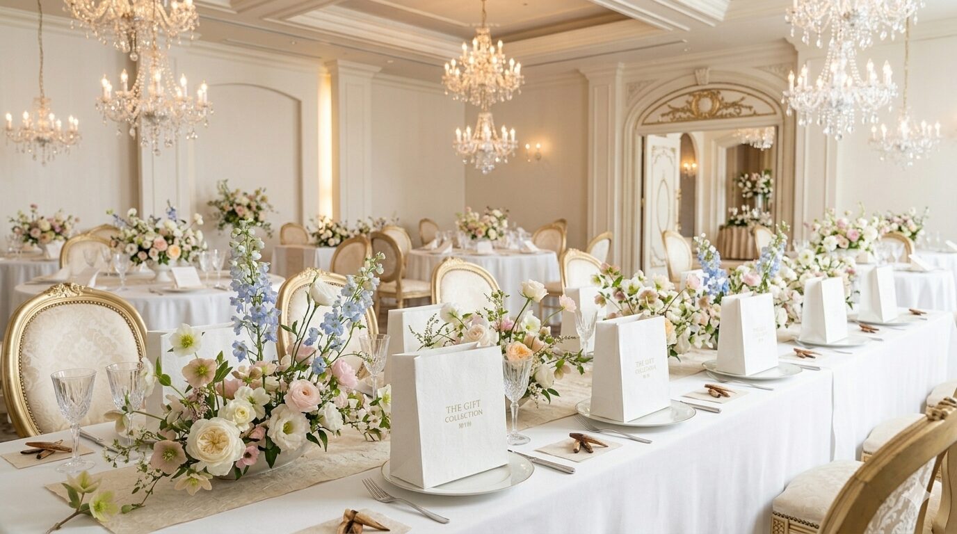 引き出物が並ぶ披露宴会場