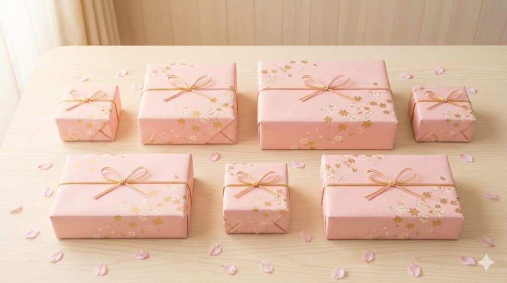 出産内祝いの金額目安。可愛らしくラッピングされた様々なサイズのギフトボックス。